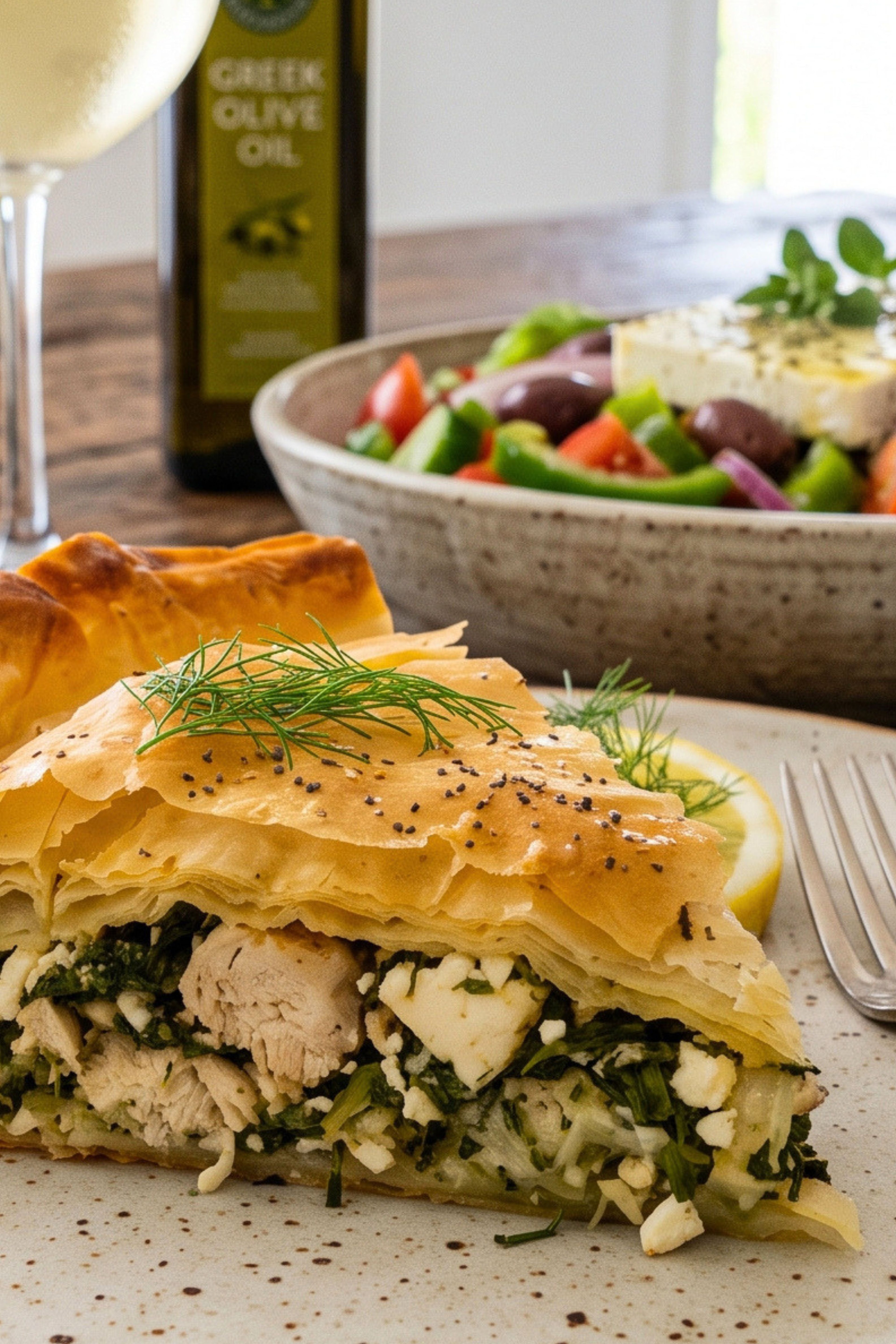 Greek Chicken, Spinach & Feta Phyllo Pie